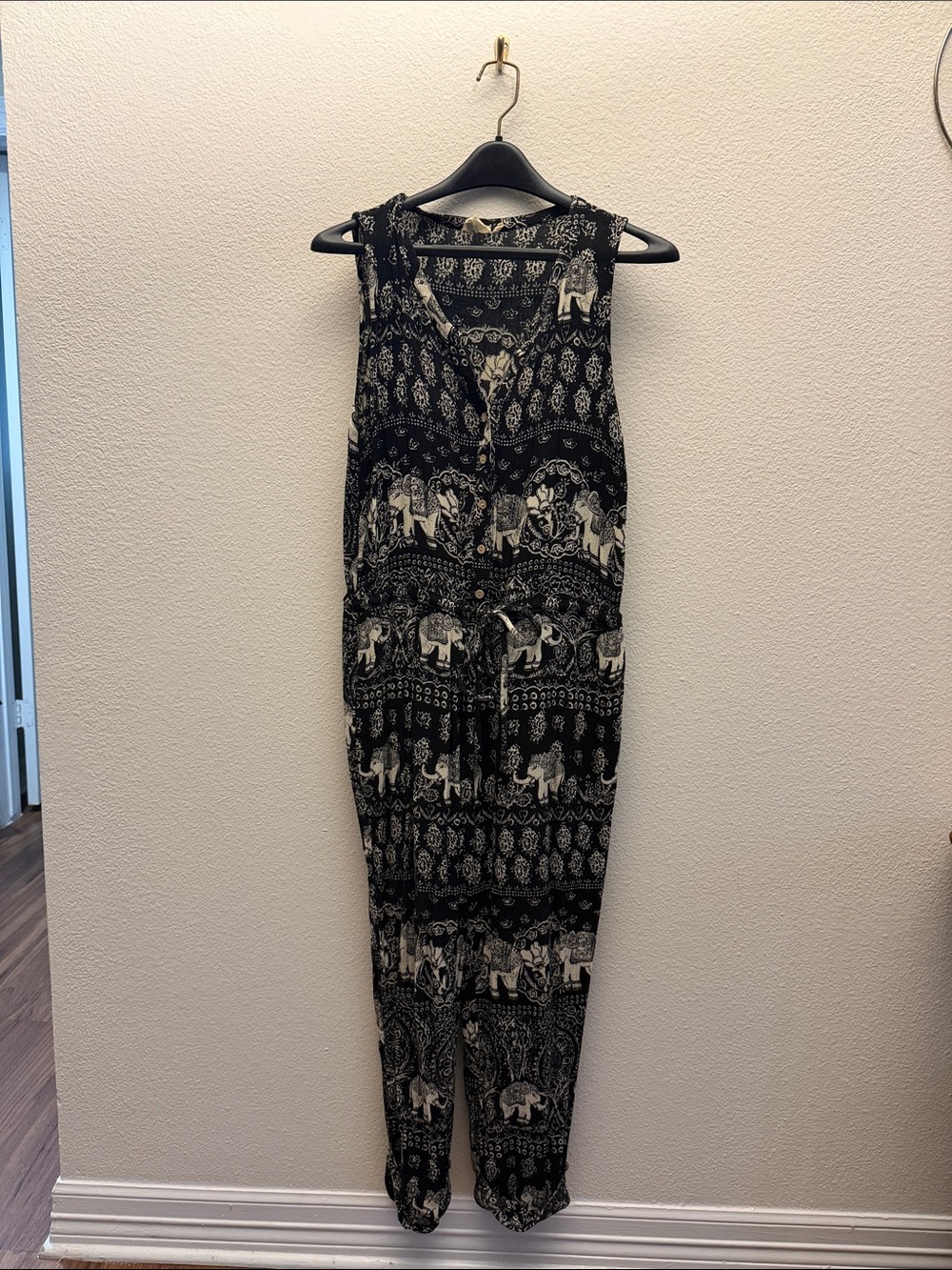 Anthropologie Black & Cream Elephant-Print Sleeveless Drawstring Jumpsuit